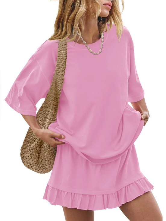 Just Jen Dresses & Skirts - Casual Pink Ruffle-Hem Skirt And Comfy Tee Top Set
